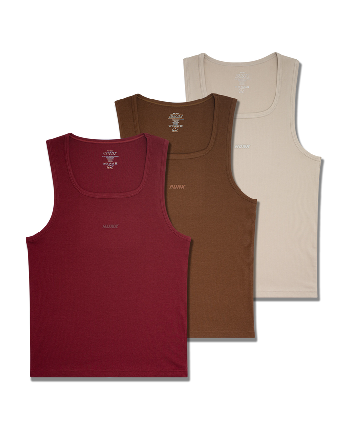Terra 3-Pack Tanks — Burgundy, Brown and Ivory ribbed tank tops